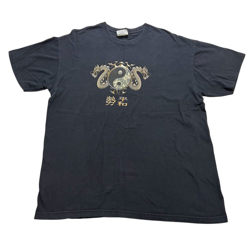 Vintage Dragon Yin Yang Graphic T-Shirt Black PCA Tag Men’s XL Y2K‎ baggy